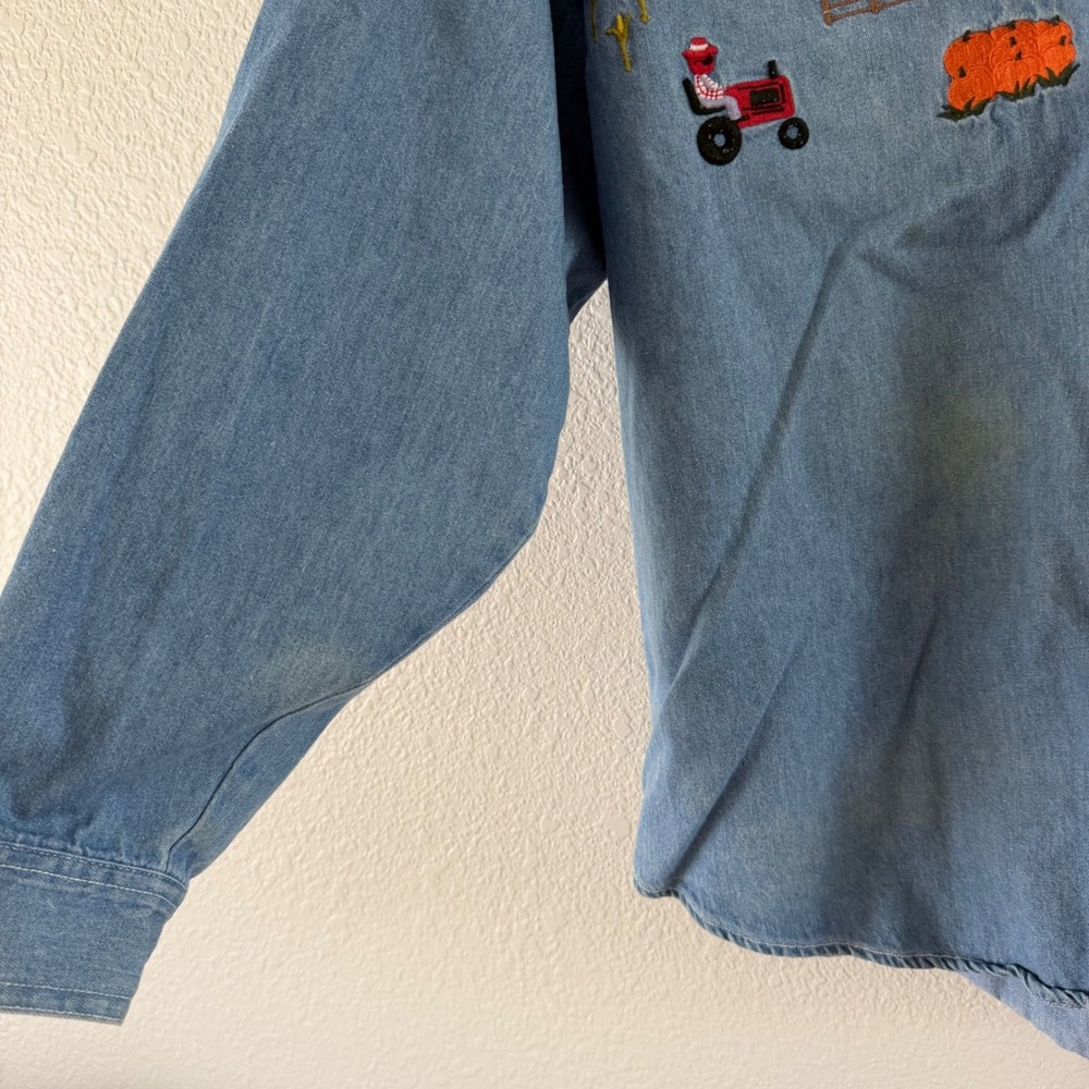 Vintage Solutions Blue Denim Shirt L Fall Pumpkin Scarecrow Halloween Grannycore - Picture 7 of 10